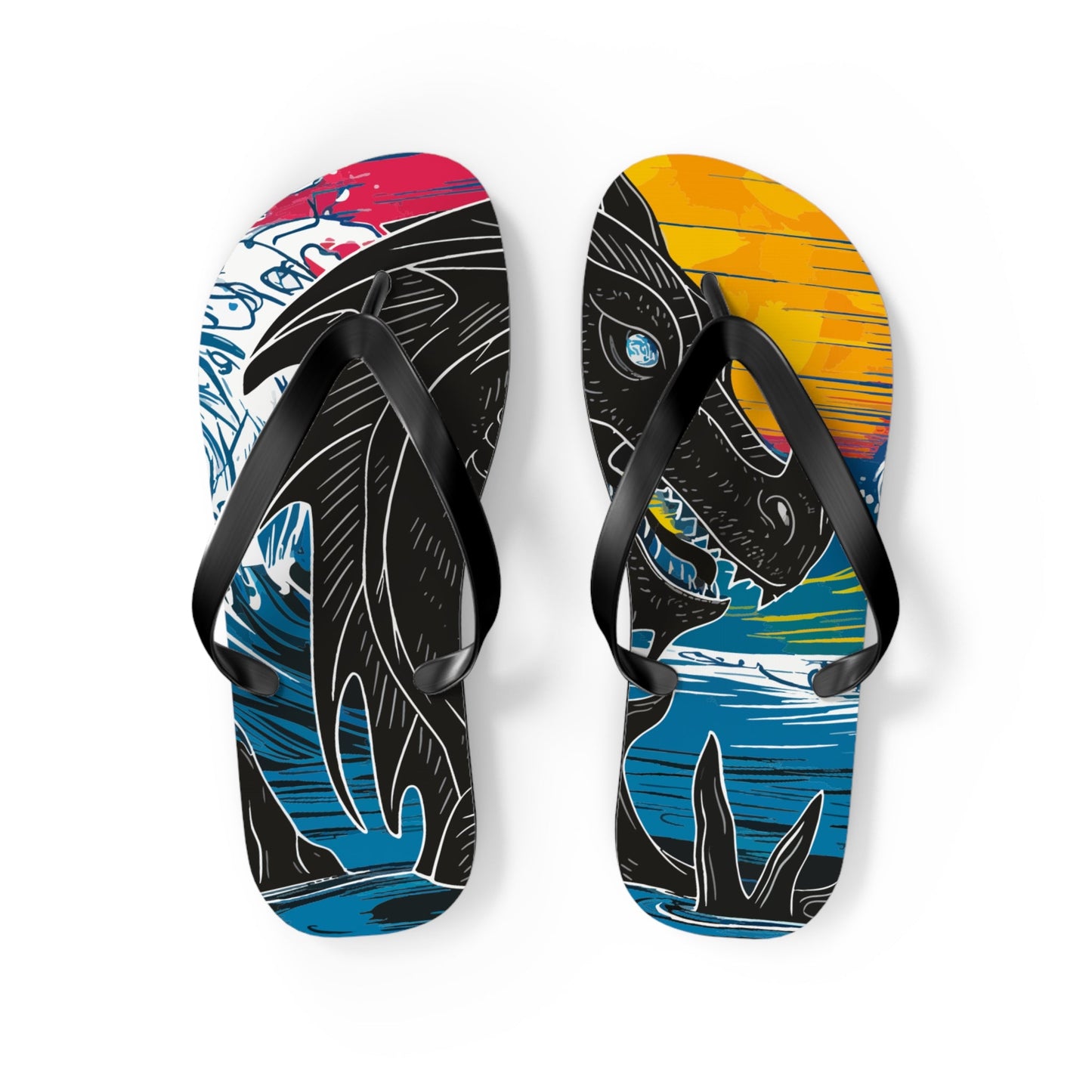 Flip flops showing dragon graphic on both footbeds with black thong straps.