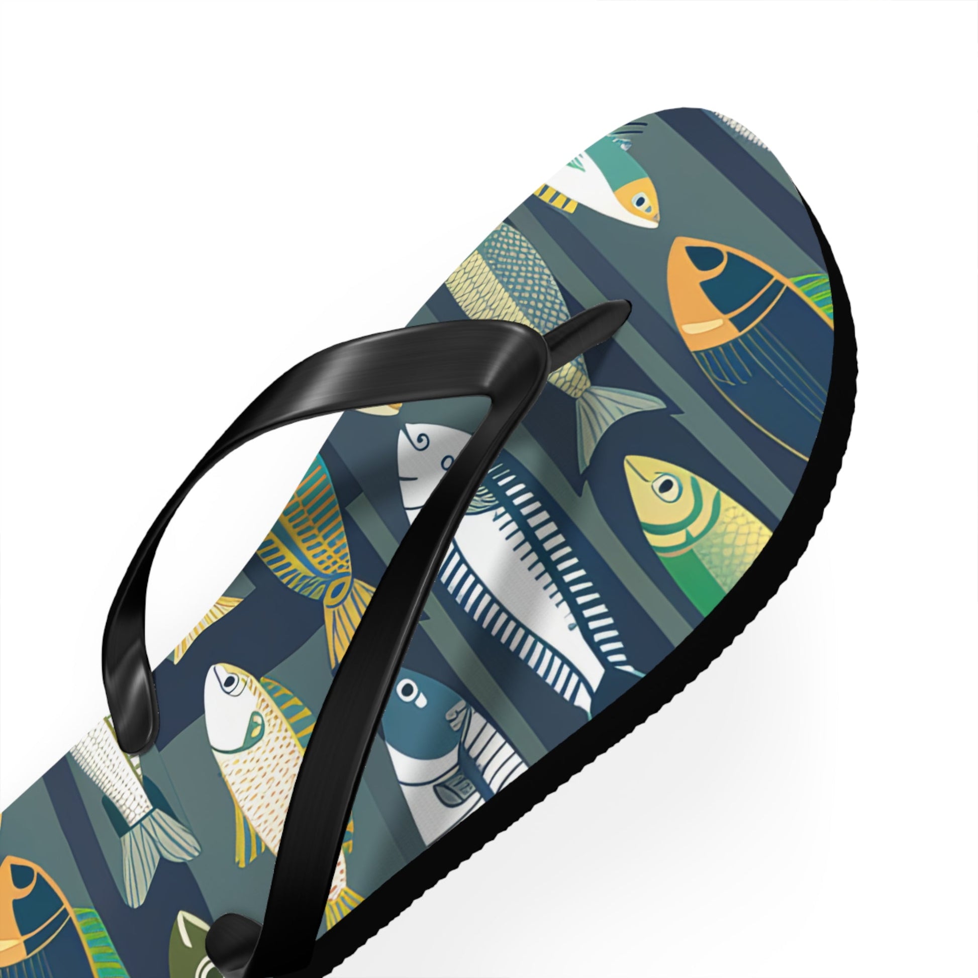Fish-print flip flop with black thong strap and dark blue patterned footbed