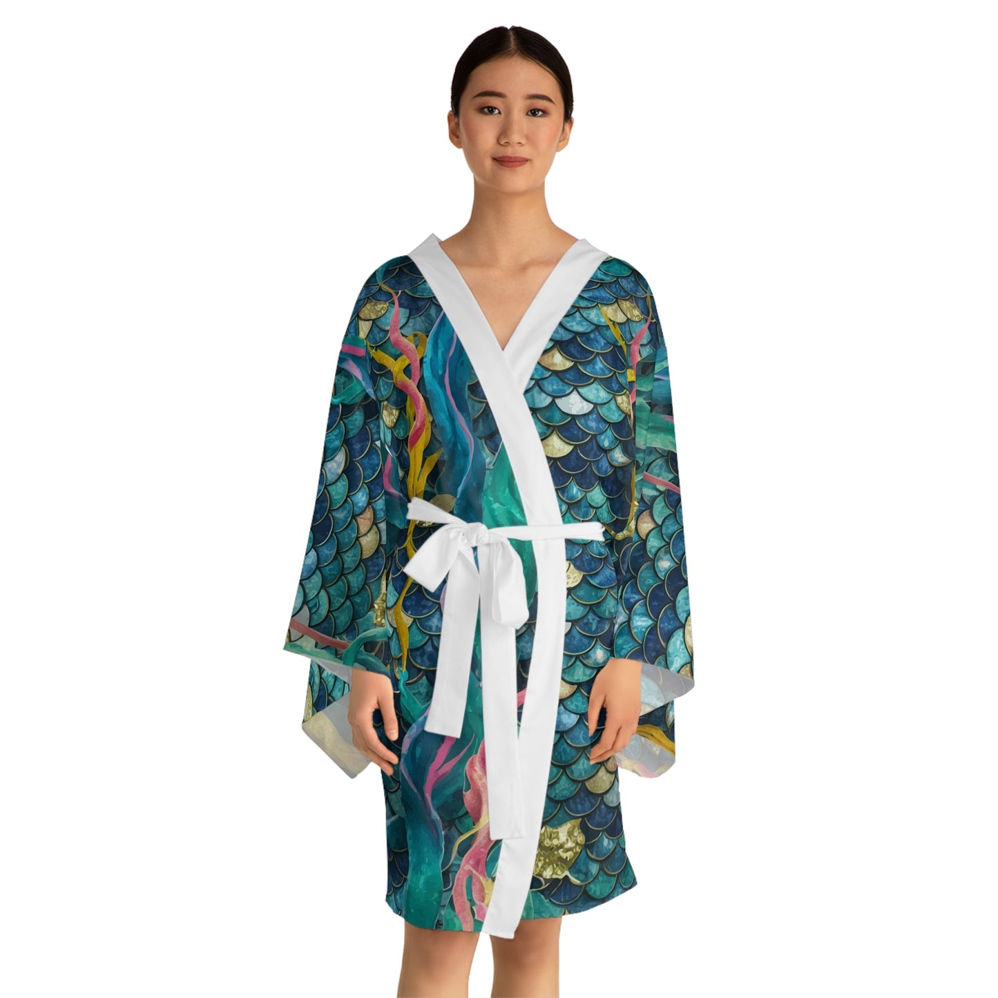 Mermaid Scale Party Kimono – Stained Glass Teal & Gold Mosaic Scale Print | XS–2XL | Black or White Trim | Festival Beach Wedding Coastal Cover-Up