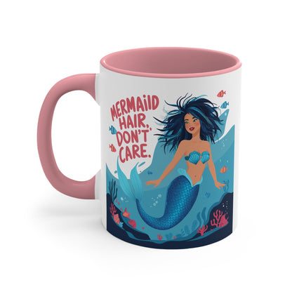 Mermaid Hair Don't Care Accent Mug – Wild Teal Mermaid Underwater Scene | 11oz White Ceramic Blue Green Pink or Red | Ocean Attitude Coffee Gift