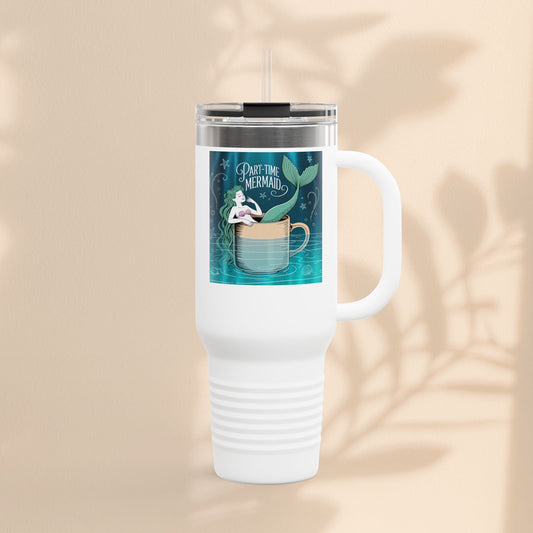 White insulated travel mug with mermaid graphic panel, clear lid, and loop handle