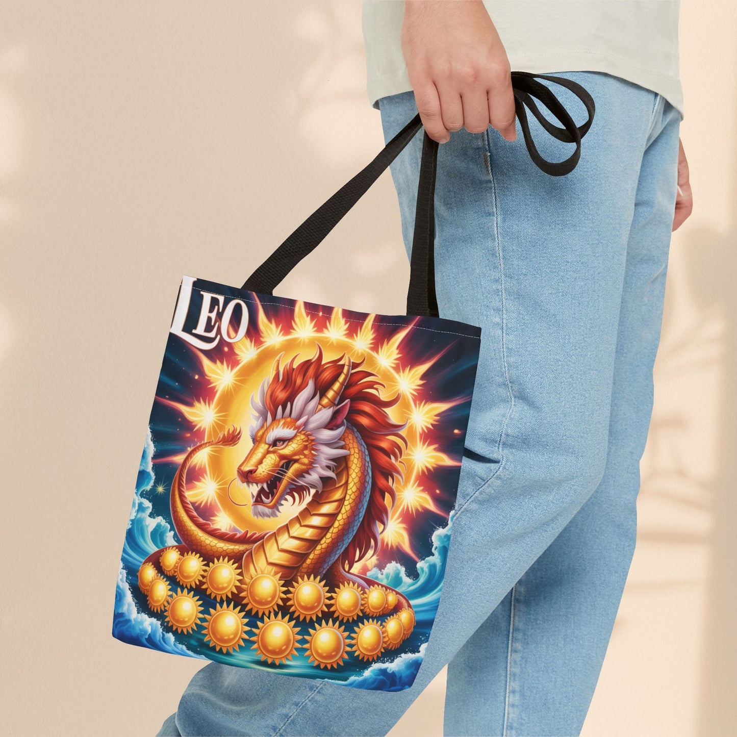 Leo Zodiac Tote Bag – Golden Dragon Sun Celestial Art | 3 Sizes | 5 Handle Colours | Leo Birthday Gift & Astrology Bag