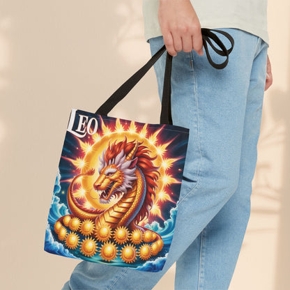 Leo Zodiac Tote Bag – Golden Dragon Sun Celestial Art | 3 Sizes | 5 Handle Colours | Leo Birthday Gift & Astrology Bag