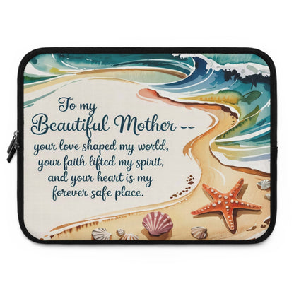 To My Beautiful Mother Laptop Sleeve – Ocean Watercolour Beach Scene | Foam-Padded Water-Resistant Neoprene | 5 Sizes | Gift for Mom