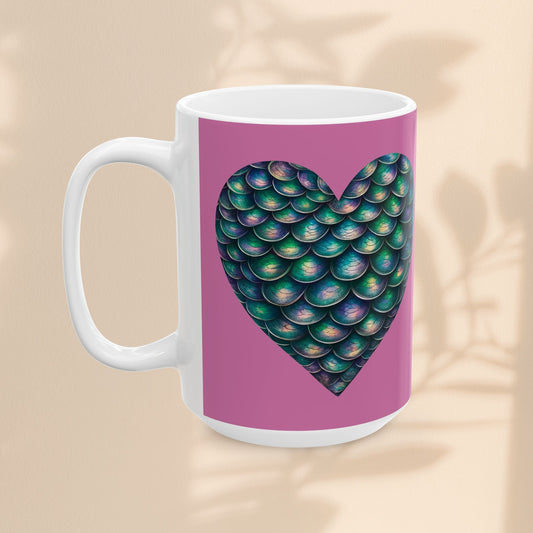 White ceramic mug with purple panel and mermaid heart graphic, left side handle