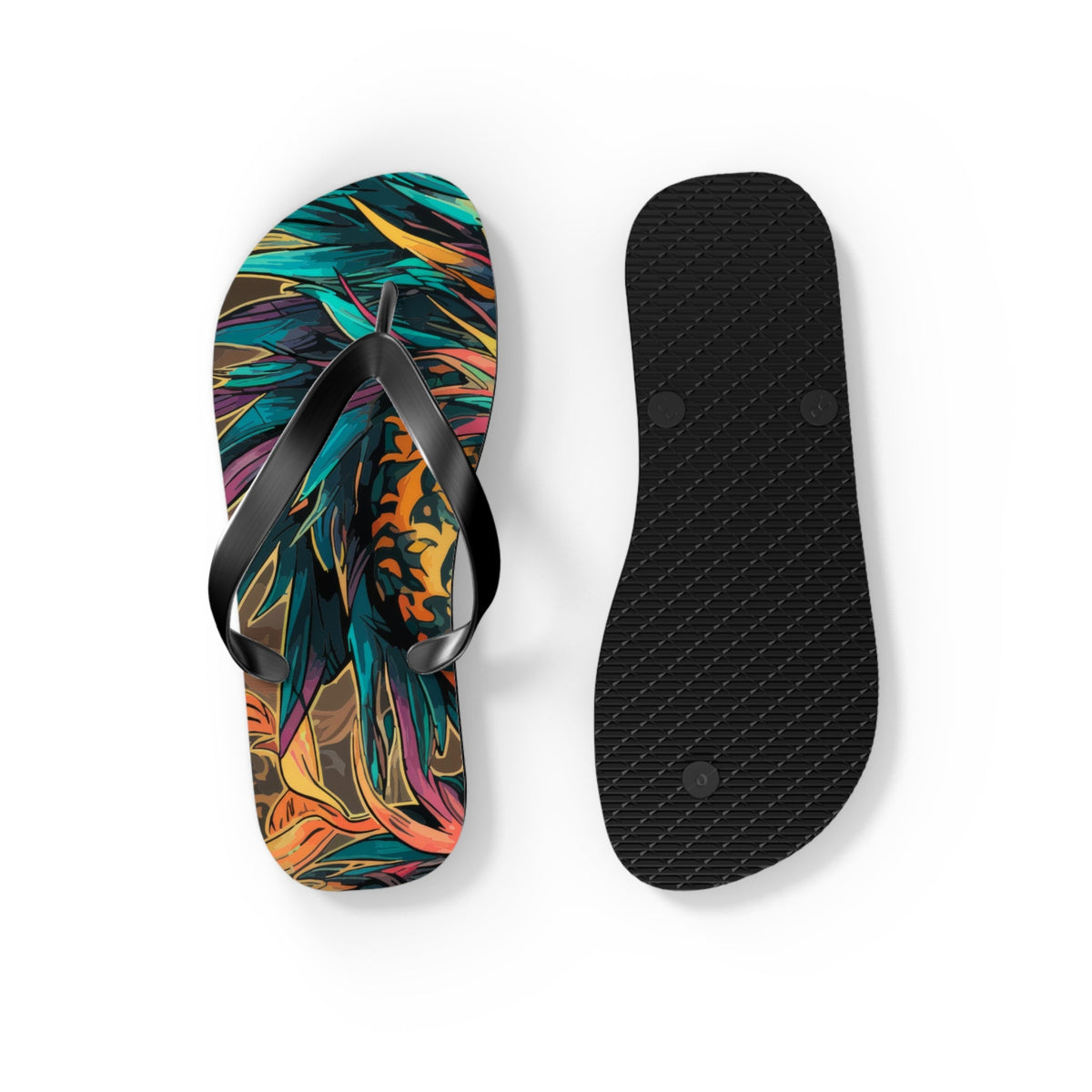 Dragon graphic flip-flops with one black textured outsole shown