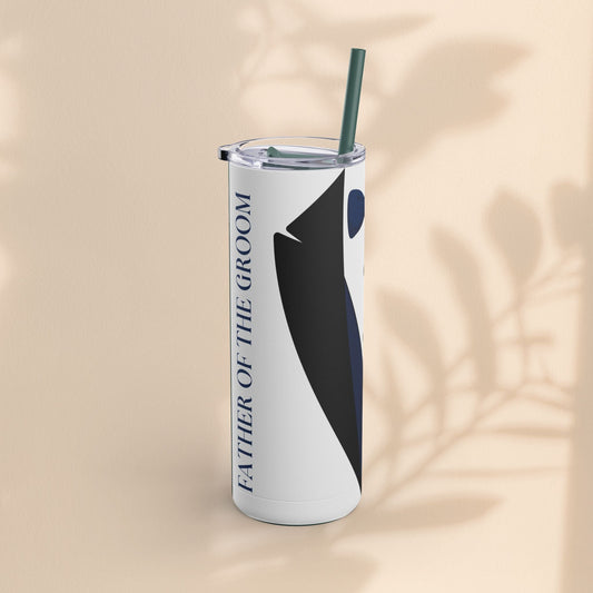 Matte skinny tumbler with vertical “FATHER OF THE GROOM” text, teal straw, dark navy accents.