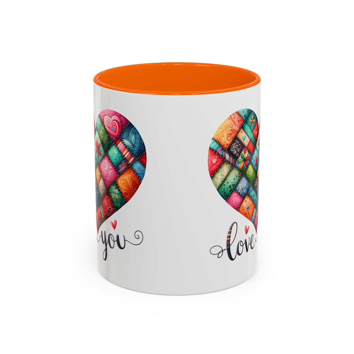 White coffee mug with colorful quilt heart print, you and love text, orange rim.