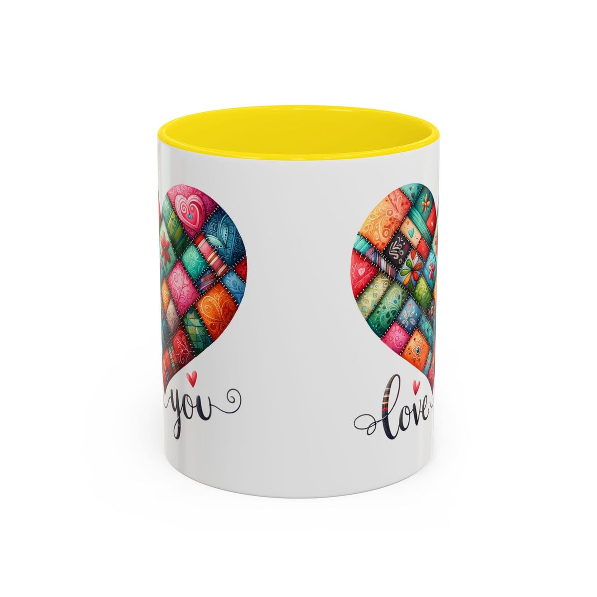 White coffee mug with colorful quilt heart print, you and love text, yellow rim.