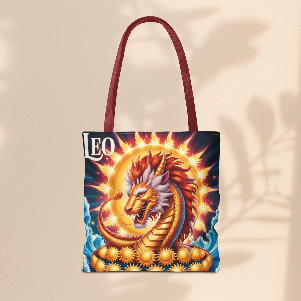 Leo Zodiac Tote Bag – Golden Dragon Sun Celestial Art | 3 Sizes | 5 Handle Colours | Leo Birthday Gift & Astrology Bag