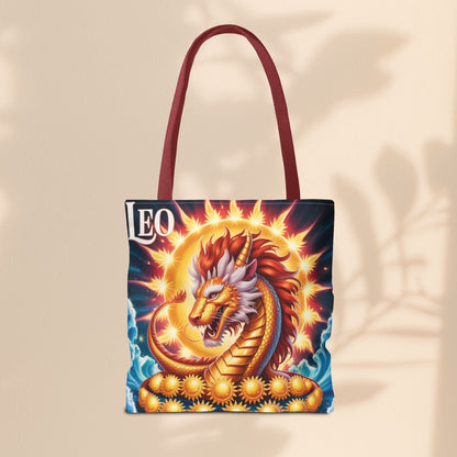Leo Zodiac Tote Bag – Golden Dragon Sun Celestial Art | 3 Sizes | 5 Handle Colours | Leo Birthday Gift & Astrology Bag