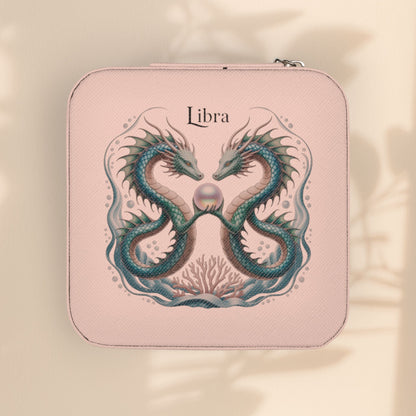Libra Zodiac Jewelry Travel Case - Dual Sea Dragon and Pearl Design, Compact Zip Jewelry Organizer in Ivory, Pink, Soft Gold, or Tiffany Blue