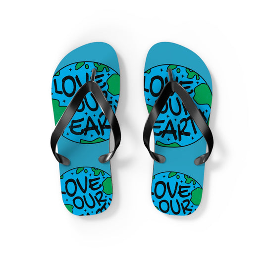 Turquoise flip-flops with black straps and colorful LOVE OUR EARTH print, front view
