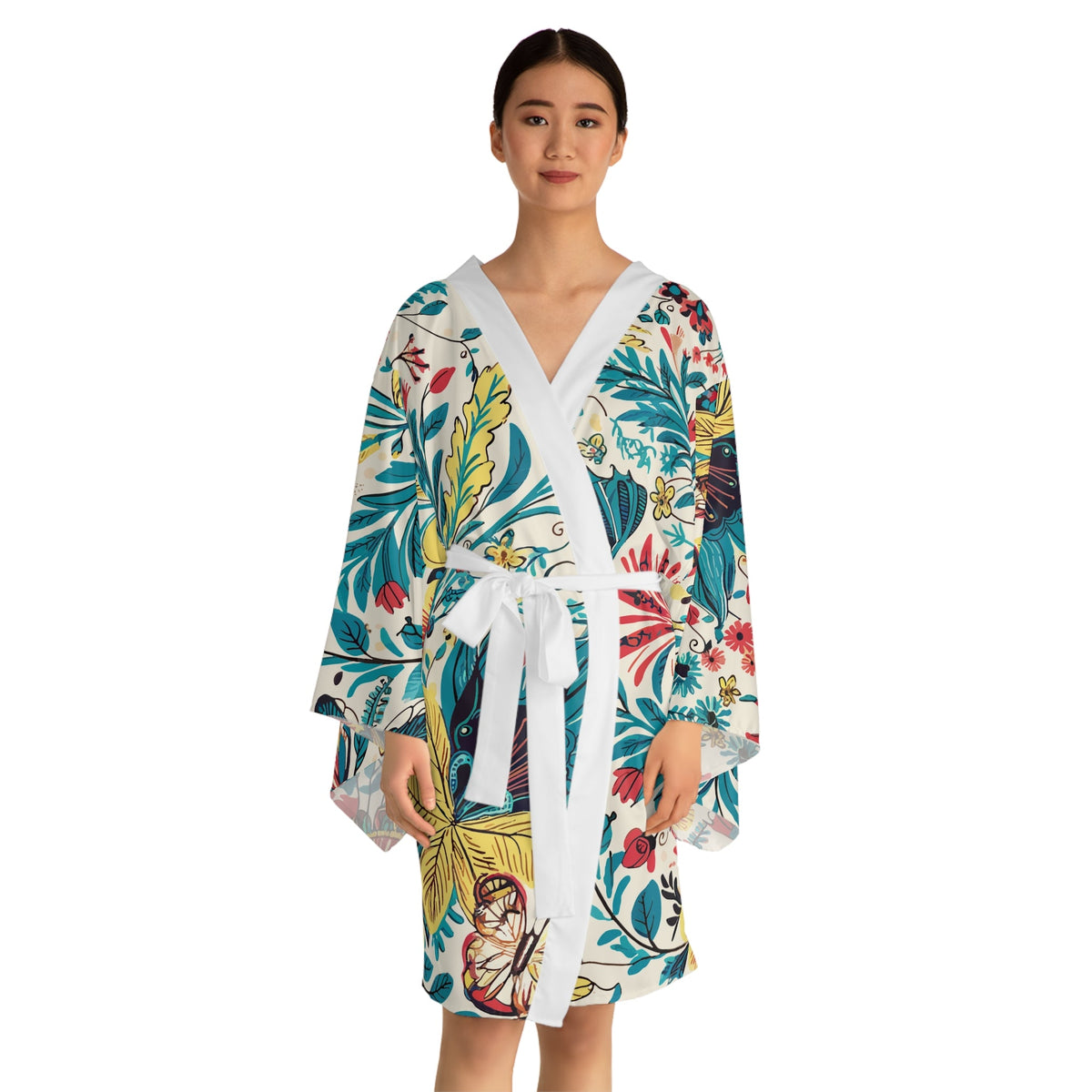 Florida Floral Kimono Robe - Long Sleeve Tropical Flower Wrap with Flowing Bell Sleeves for Lounging, Beach Cover-Ups, and Resort Wear XS to 2XL
