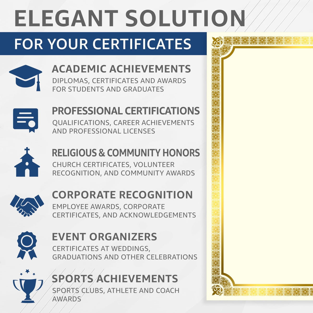 Decorative gold-framed certificate sheet for awards and academic achievement