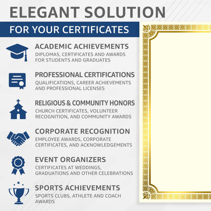 Decorative gold-framed certificate sheet for awards and academic achievement