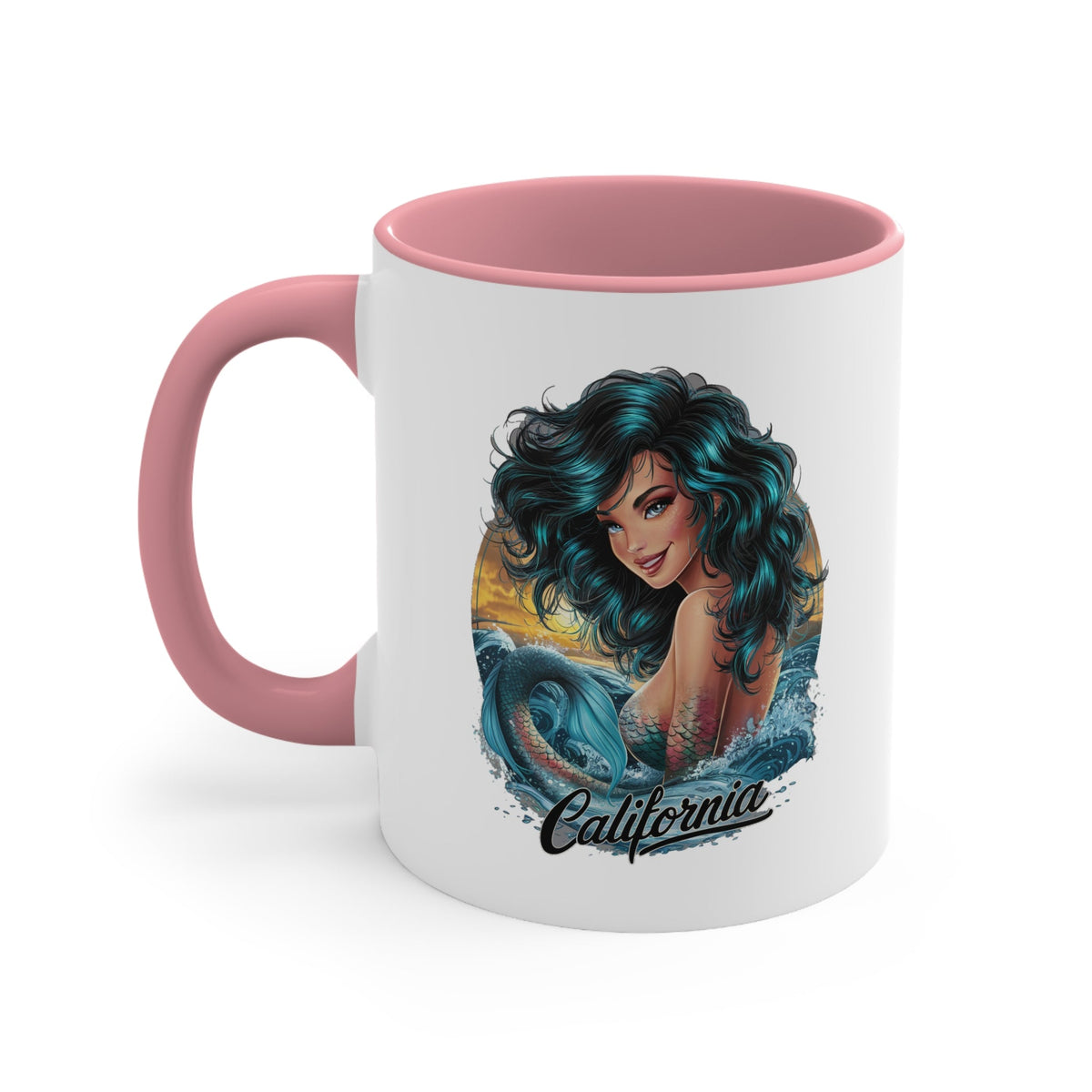 Pink-accent ceramic mug with mermaid graphic and California wordmark on front