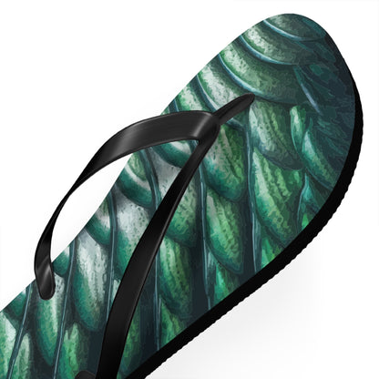 Close-up green scale-print flip-flop with black thong strap and textured sole