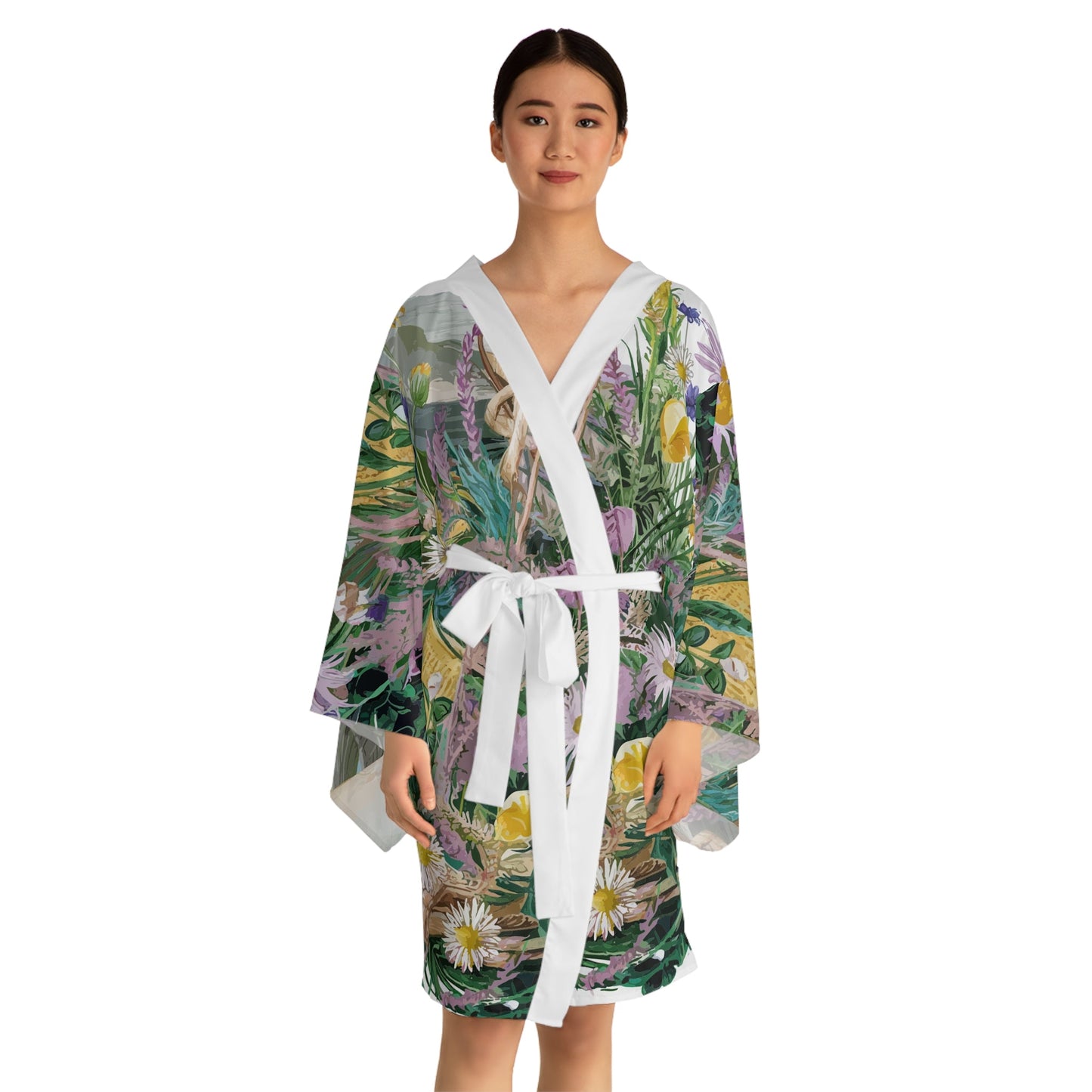 Beach Flowers Kimono Robe - Long Sleeve Coastal Floral Wrap for Beach Cover-Ups, Resort Wear, Lounging, and Travel XS to 2XL
