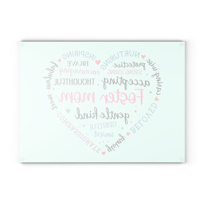 Foster Mom Glass Cutting Board – Heart Word Cloud Design | Tempered Glass | 2 Sizes | Meaningful Gift for Foster Mom