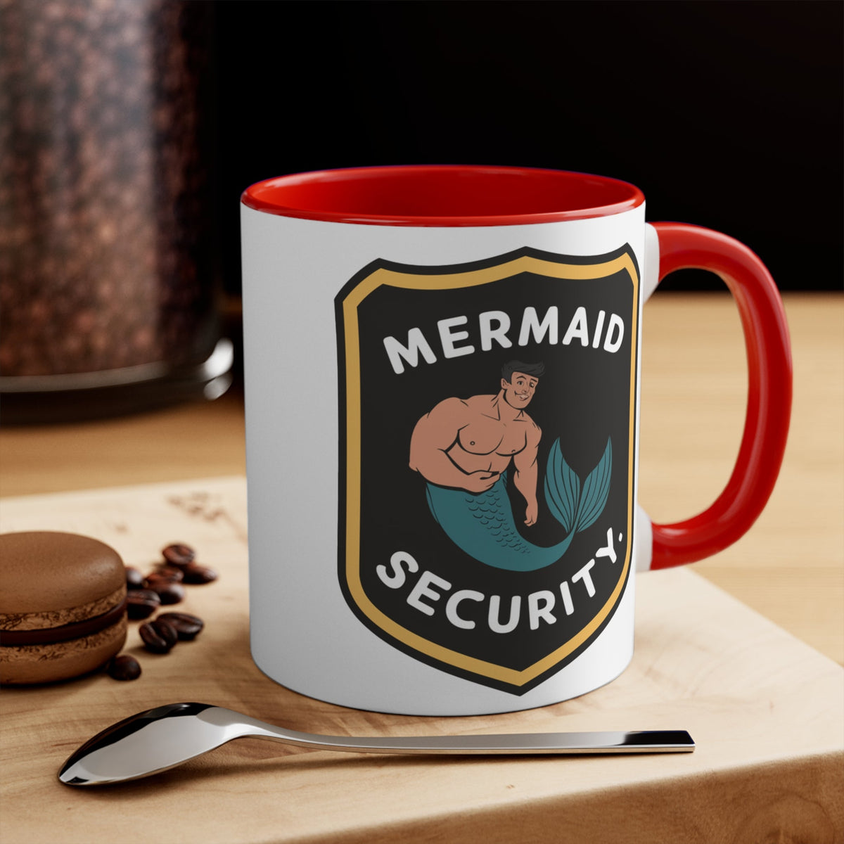 Mermaid Security Accent Mug – Funny Merman Security Badge Design | 11oz & 15oz | Pink Red Black | Funny Mermaid Gift