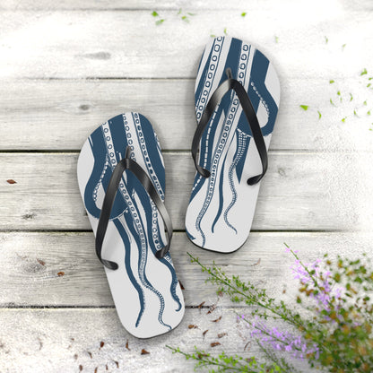 Blue octopus print flip-flops with black straps and blue-and-white patterned upper