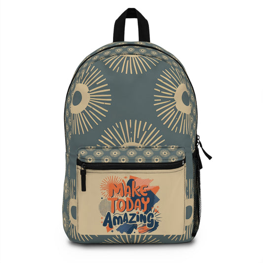 Patterned teal backpack with front zip pocket and 'Make Today Amazing' patch