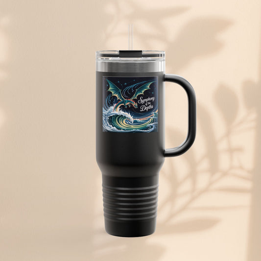 40oz insulated travel mug, black tumbler with dragon ocean graphic and clear lid