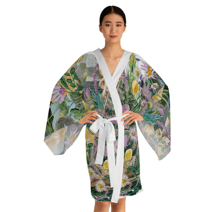 Beach Flowers Kimono Robe - Long Sleeve Coastal Floral Wrap for Beach Cover-Ups, Resort Wear, Lounging, and Travel XS to 2XL
