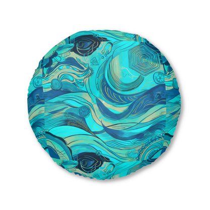 Round Ocean Waves Floor Pillow - Tufted Surrealist Ocean Art Cushion for Coastal Boho Home Decor, 26 and 30 Inch
