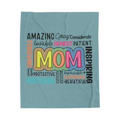 Mom Word Cloud Velveteen Plush Blanket – Amazing, Caring, Inspiring & More | Teal | Super Soft Throw | 3 Sizes | Mother’s Day Gift for Mum