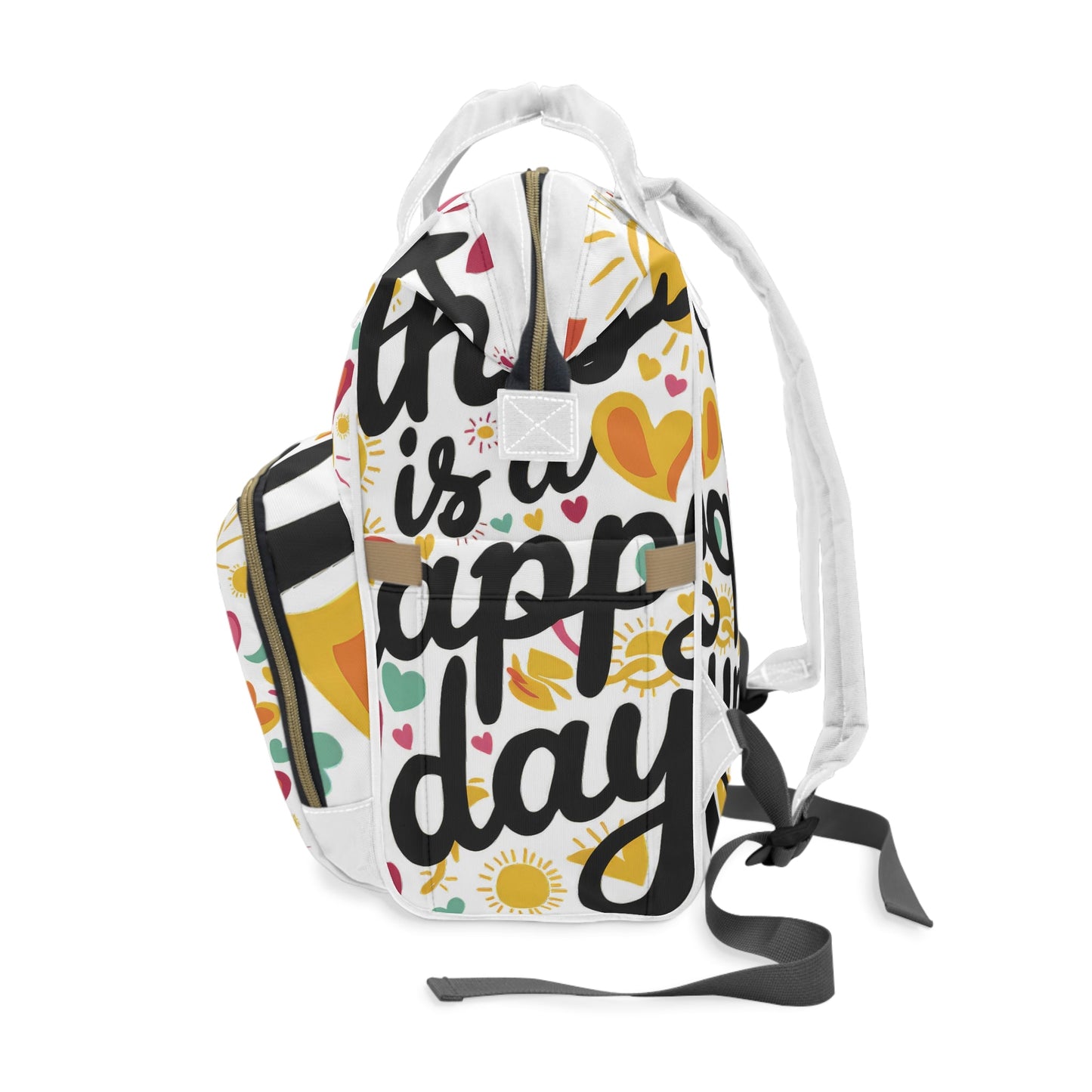 This Is A Happy Day Diaper Backpack – Colourful Hearts & Sunshine Print | Insulated Bottle Pockets | Large Capacity Nappy Bag | Baby Shower & New Mum Gift
