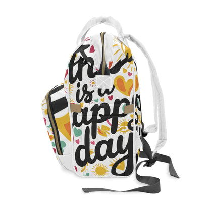 This Is A Happy Day Diaper Backpack – Colourful Hearts & Sunshine Print | Insulated Bottle Pockets | Large Capacity Nappy Bag | Baby Shower & New Mum Gift