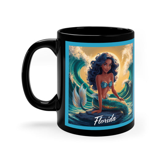 Black 11oz coffee mug with mermaid graphic and 'Florida' text on front