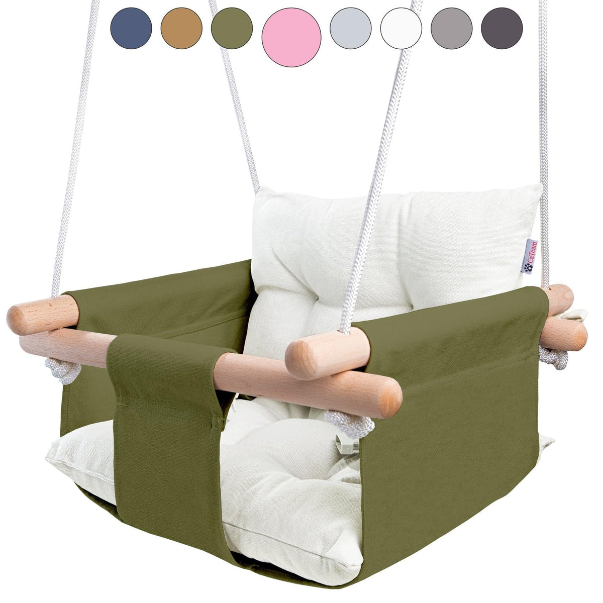 Olive canvas hanging baby swing with white padded headrest and wooden dowels