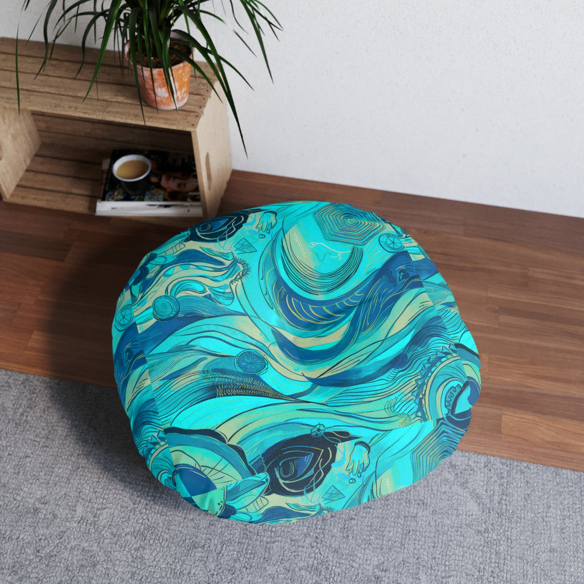 Round Ocean Waves Floor Pillow - Tufted Surrealist Ocean Art Cushion for Coastal Boho Home Decor, 26 and 30 Inch