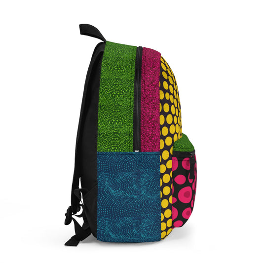 Side view colorful backpack with patchwork panels in green, magenta, yellow dots, blue base