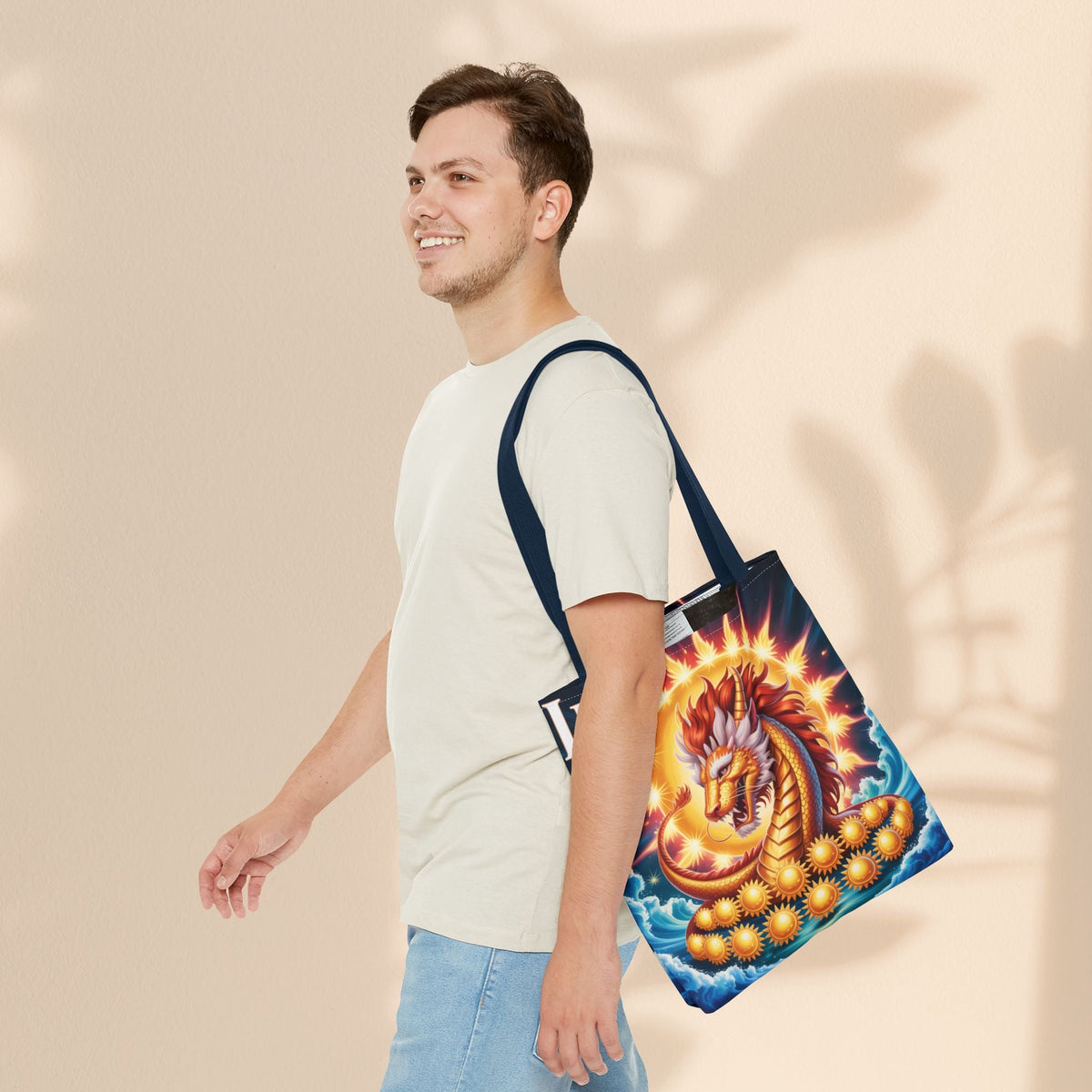 Leo Zodiac Tote Bag – Golden Dragon Sun Celestial Art | 3 Sizes | 5 Handle Colours | Leo Birthday Gift & Astrology Bag