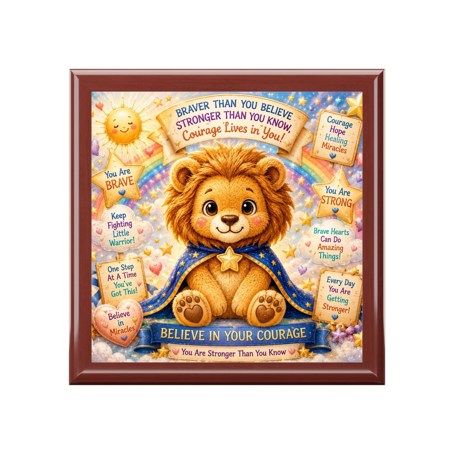 Believe in Your Courage Lion Jewelry Box - Inspirational Lion Cub Keepsake Box, Encouragement Gift for Strength, Healing, and Bravery in Golden Oak or Red Mahogany