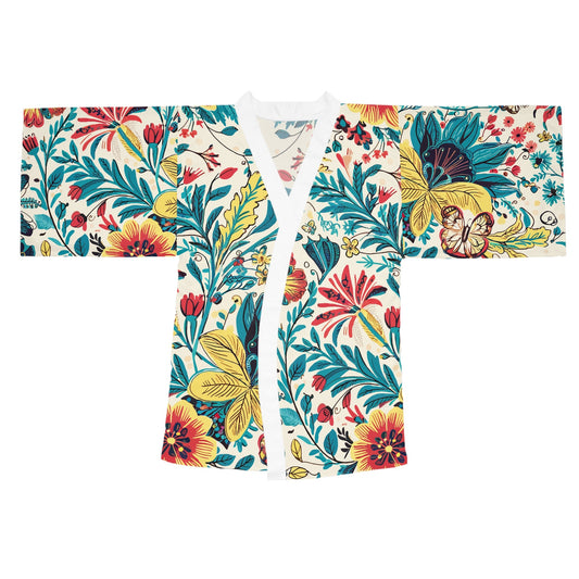 Florida Floral Kimono Robe - Long Sleeve Tropical Flower Wrap with Flowing Bell Sleeves for Lounging, Beach Cover-Ups, and Resort Wear XS to 2XL