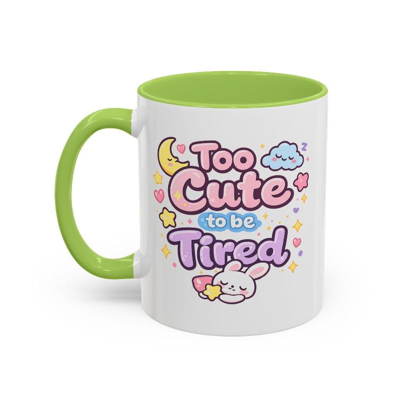 Kawaii bunny mug, white ceramic with light green rim and handle; cute bunny and star graphic