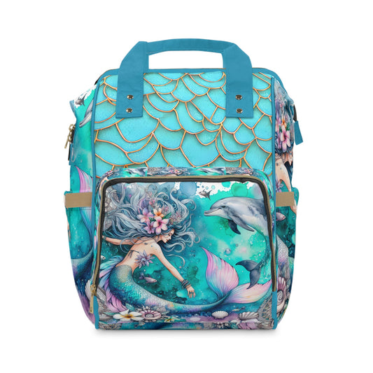 Mermaid & Dolphin Watercolour Art Diaper Backpack – Gold Scale Detail & Floral Mermaid Scene | Insulated Pockets | Large Capacity Nappy Bag | Baby Shower Gift