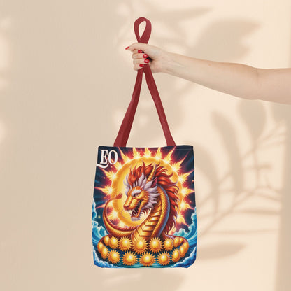 Leo Zodiac Tote Bag – Golden Dragon Sun Celestial Art | 3 Sizes | 5 Handle Colours | Leo Birthday Gift & Astrology Bag