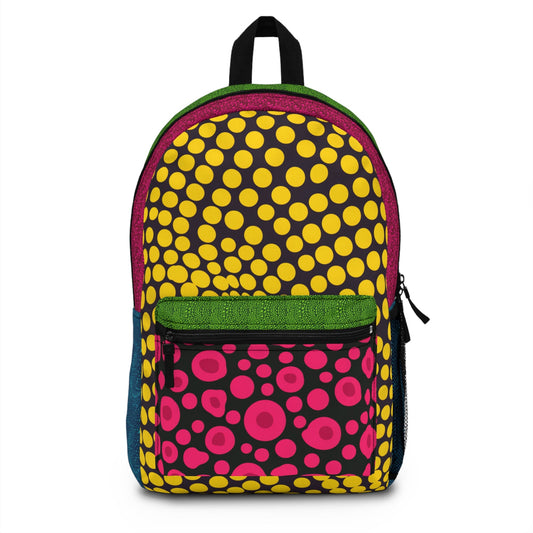 Colorful mini backpack with yellow dot pattern, green top, pink front pocket, black straps