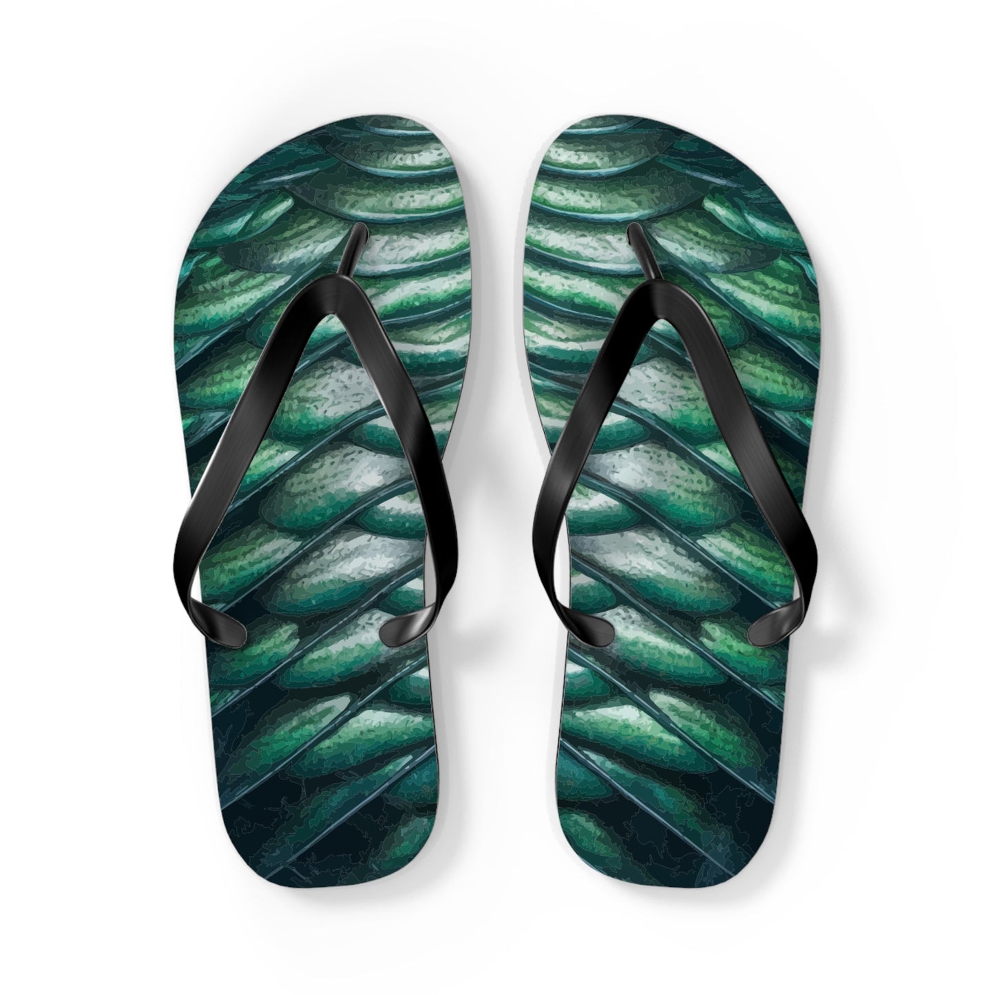Green merman scales flip flops, black thong straps and contoured footbed