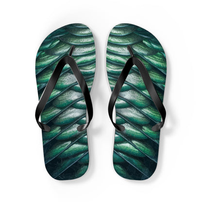 Green merman scales flip flops, black thong straps and contoured footbed