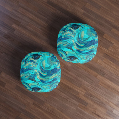 Round Ocean Waves Floor Pillow - Tufted Surrealist Ocean Art Cushion for Coastal Boho Home Decor, 26 and 30 Inch