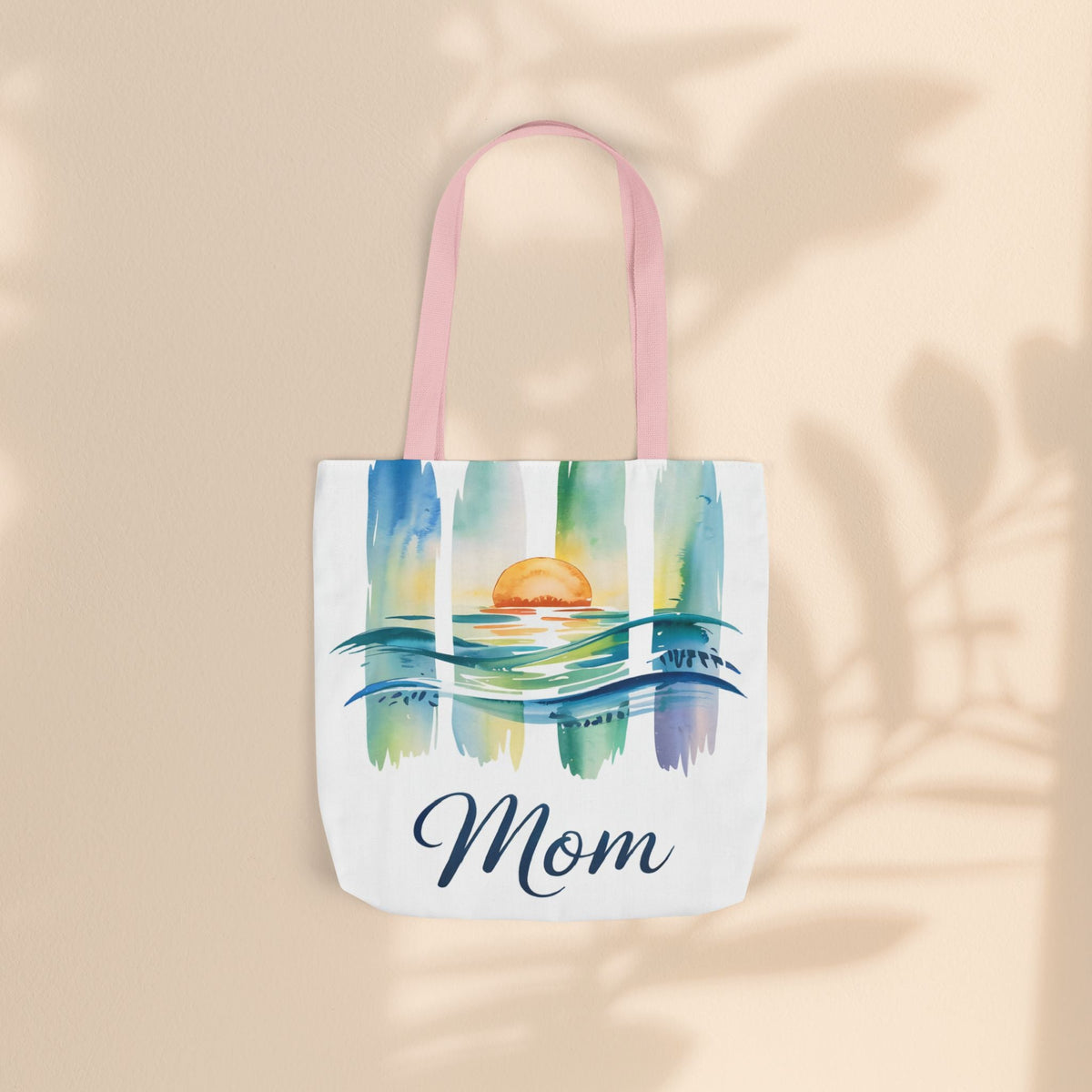 Mom Ocean Sunset Canvas Tote Bag – Watercolour Triptych Design | Polyester Canvas | 3 Sizes × 5 Strap Colours | Gift for Mom