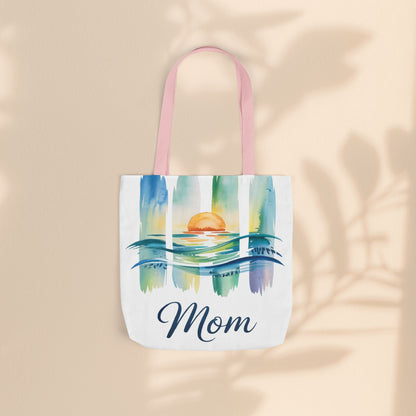 Mom Ocean Sunset Canvas Tote Bag – Watercolour Triptych Design | Polyester Canvas | 3 Sizes × 5 Strap Colours | Gift for Mom