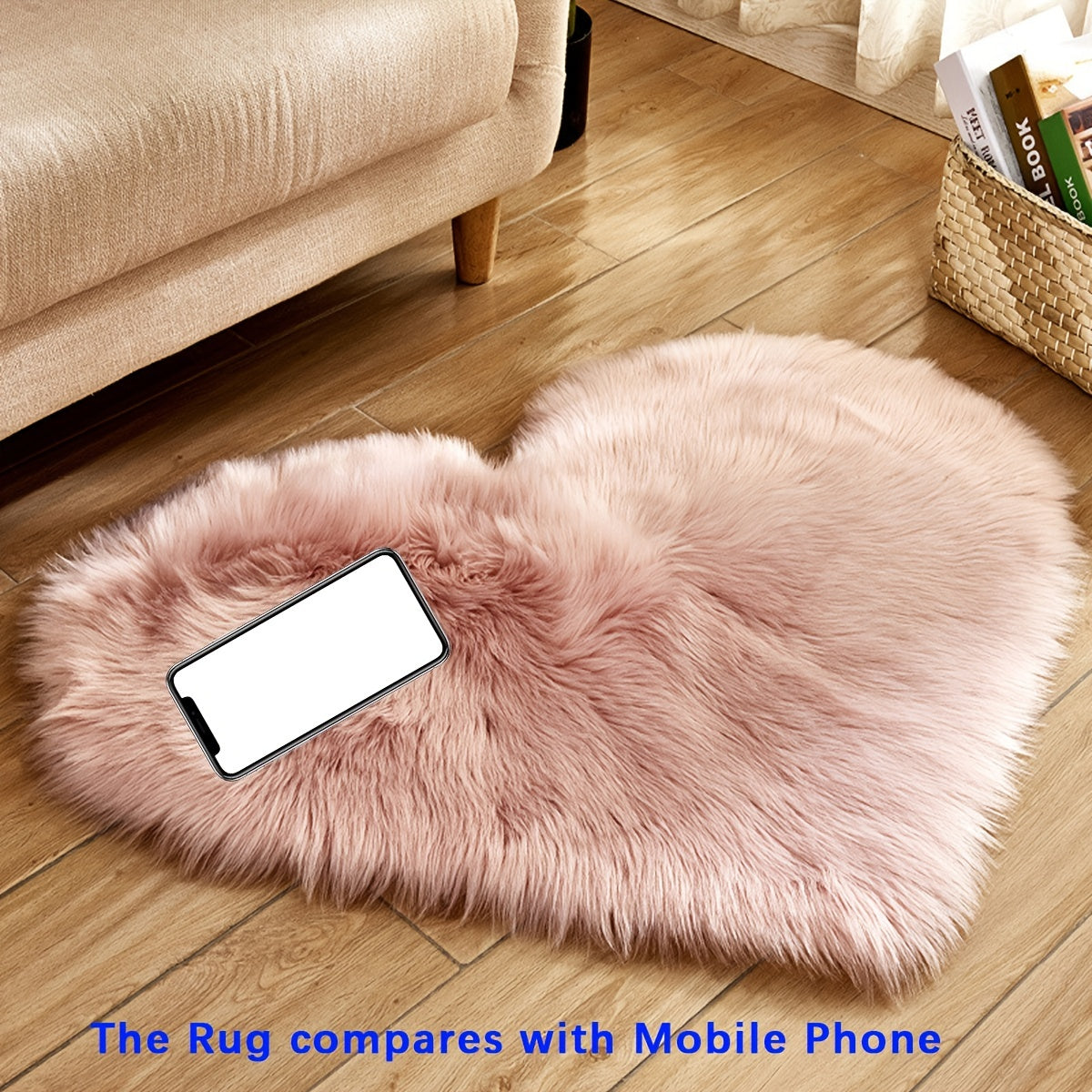 Heart-shaped faux fur rug with long shag pile, light pink plush carpet mat.